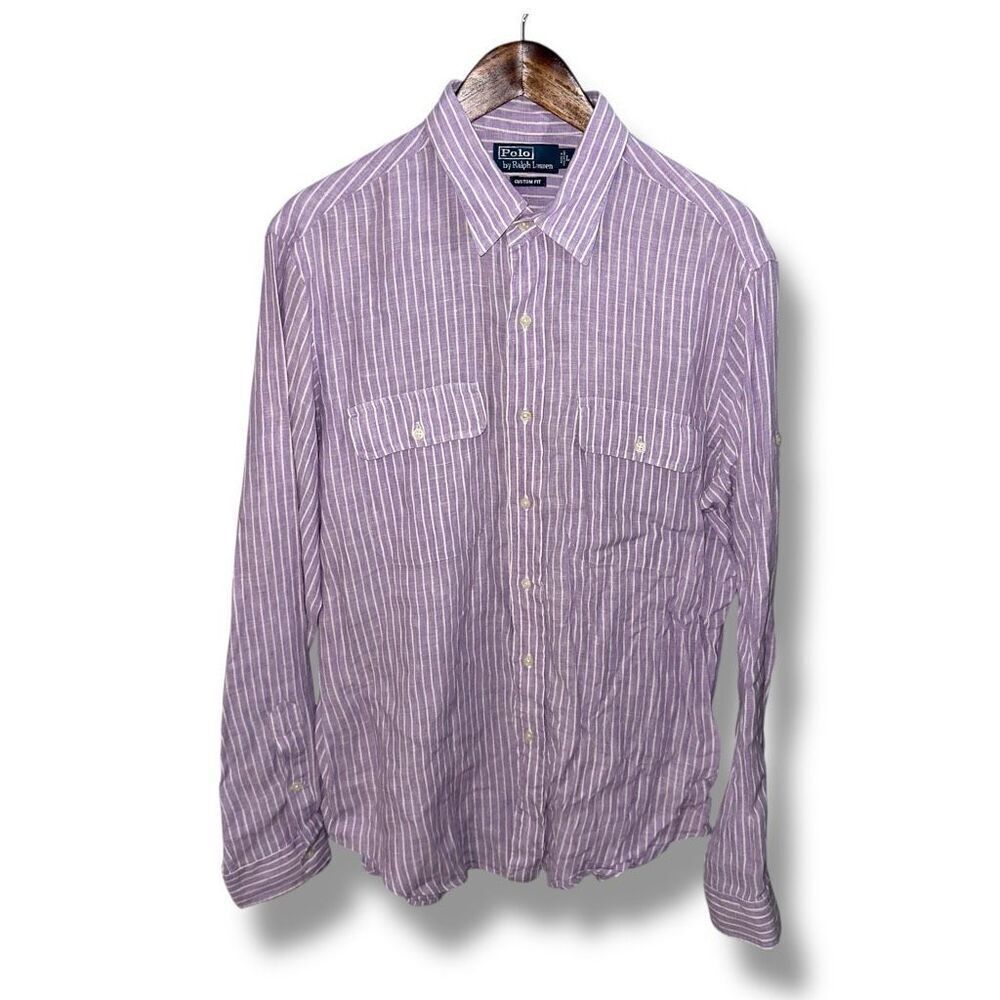Purple Polo Ralph Lauren 100% Linen Custom Fit Button Down Shirt L
